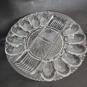 L E Smith Deviled Egg Server Clear Glass 11 in Diameter Relish Tray Platter